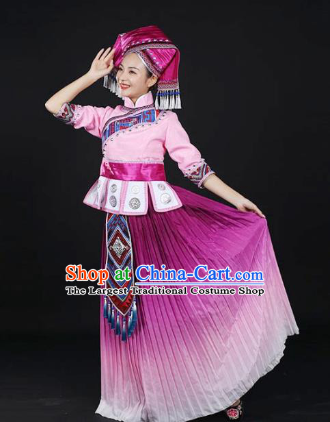 Chinese Zhuang Nationality Performance Garments Guangxi Minority Lilac Dress Traditional Ethnic Dance Clothing and Headdress