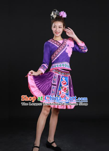 Chinese Traditional Miao Nationality Dance Purple Suits Xiangxi Minority Dress Ethnic Performance Garment Clothing and Headpieces