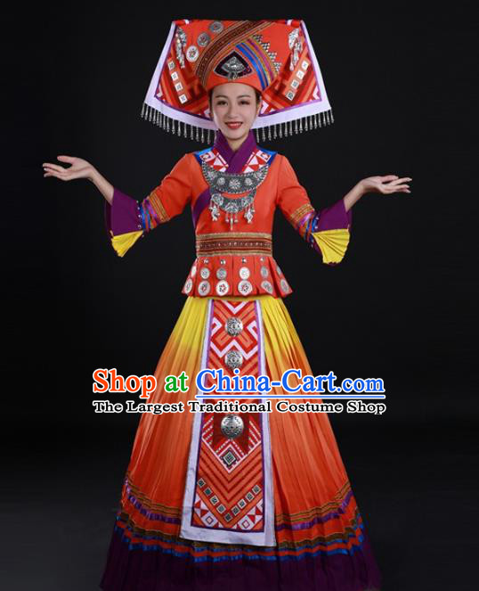 Chinese Ethnic Performance Clothing Traditional Zhuang Nationality Dance Garments Minority Wedding Orange Dress and Headdress