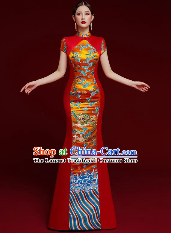 China Catwalks Classical Dragon Pattern Brocade Cheongsam Garment Wedding Red Fishtail Full Dress Stage Show Clothing