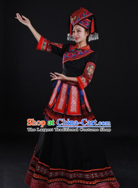 Chinese Guangxi Minority Black Dress Ethnic Performance Clothing Traditional Zhuang Nationality Dance Garments and Hat