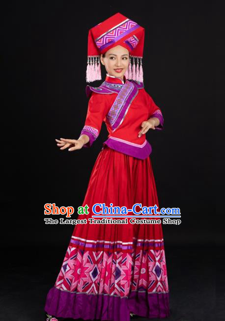 Chinese Traditional Zhuang Nationality Female Garments Guangxi Minority Red Dress Ethnic Folk Dance Clothing and Hat