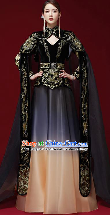 China Stage Show Embroidered Clothing Catwalks Dress Garment Compere Black Trailing Cape Full Dress