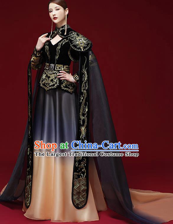 China Stage Show Embroidered Clothing Catwalks Dress Garment Compere Black Trailing Cape Full Dress