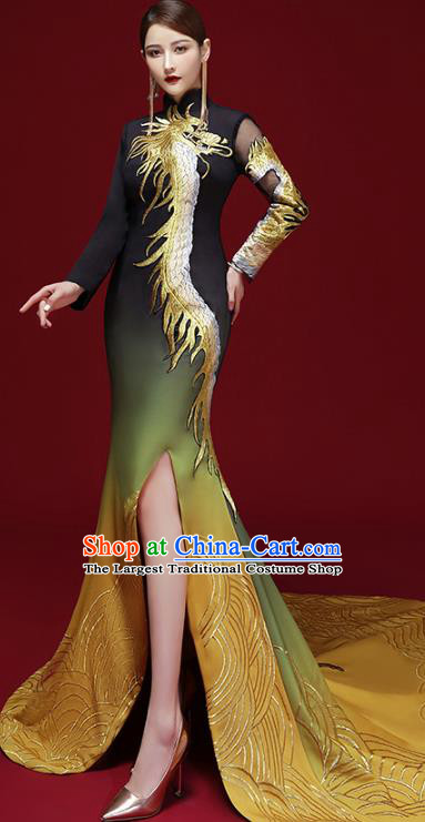 China Compere Trailing Full Dress Stage Show Cheongsam Clothing Catwalks Dress Embroidered Dragon Garment