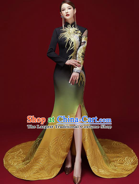 China Compere Trailing Full Dress Stage Show Cheongsam Clothing Catwalks Dress Embroidered Dragon Garment