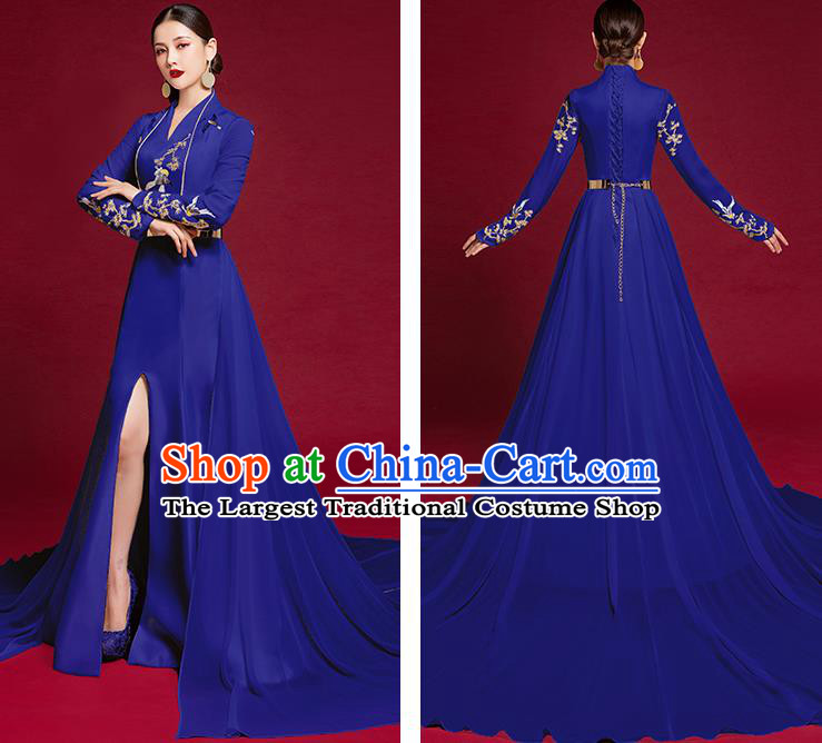 China Compere Royalblue Trailing Full Dress Stage Show Embroidered Clothing Catwalks Dress Garment