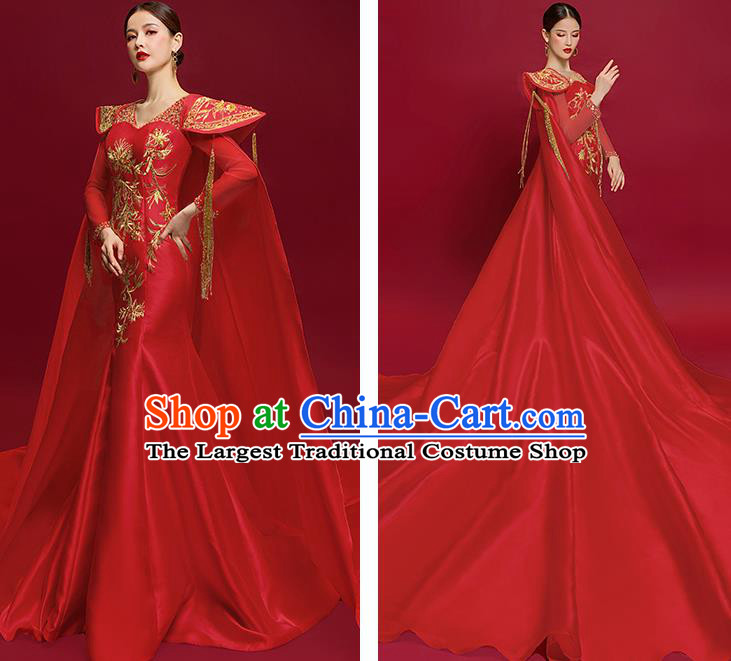 China Embroidered Garment Compere Trailing Cape Dress Stage Show Wedding Clothing Catwalks Full Dress