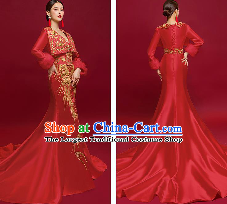 China Catwalks Trailing Full Dress Bride Embroidered Phoenix Wedding Garment Compere Dress Stage Show Clothing