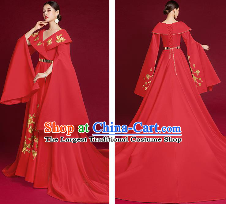 China Compere Red Dress Stage Show Clothing Bride Trailing Full Dress Catwalks Embroidered Garment
