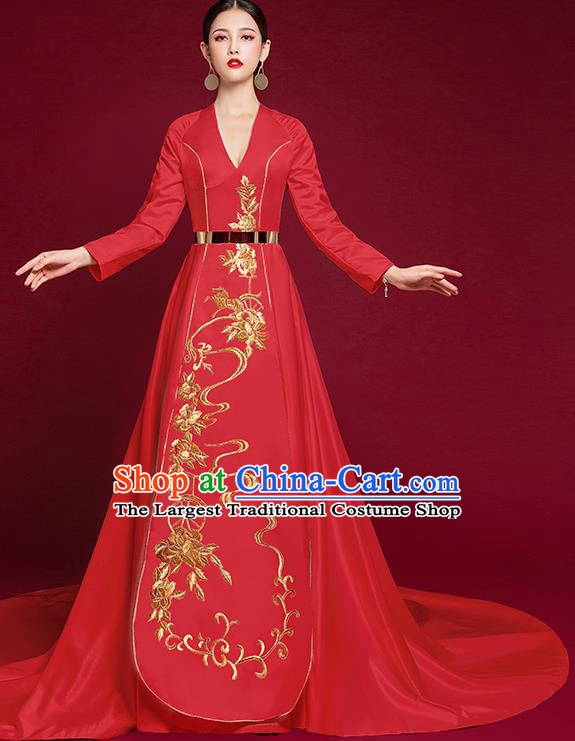 China Stage Show Wedding Clothing Bride Full Dress Catwalks Embroidered Garment Compere Red Trailing Dress