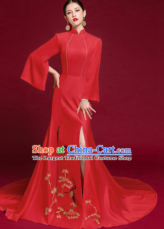 China Compere Red Cheongsam Dress Stage Show Wedding Clothing Bride Trailing Full Dress Catwalks Embroidered Garment
