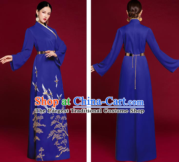 China Stage Show Embroidered Pine Crane Clothing Catwalks Royalblue Dress Garment Compere Trailing Full Dress