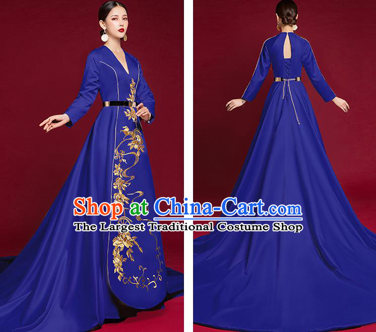 China Catwalks Trailing Dress Garment Compere Royalblue Full Dress Stage Show Embroidered Clothing