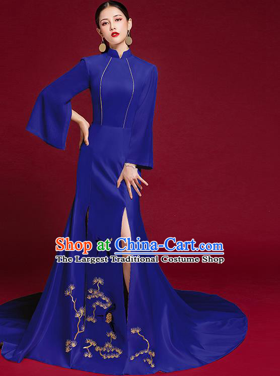 China Stage Show Embroidered Cheongsam Clothing Catwalks Trailing Full Dress Garment Compere Royalblue Qipao Dress