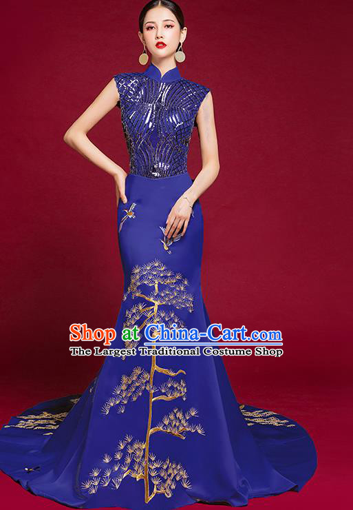 China Compere Royalblue Qipao Dress Stage Show Embroidered Sequins Cheongsam Clothing Catwalks Trailing Full Dress Garment