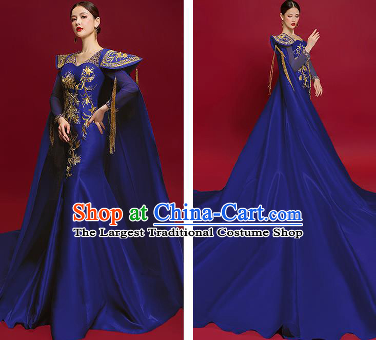 China Catwalks Clothing Compere Embroidered Royalblue Dress Garment Stage Show Trailing Cape Full Dress