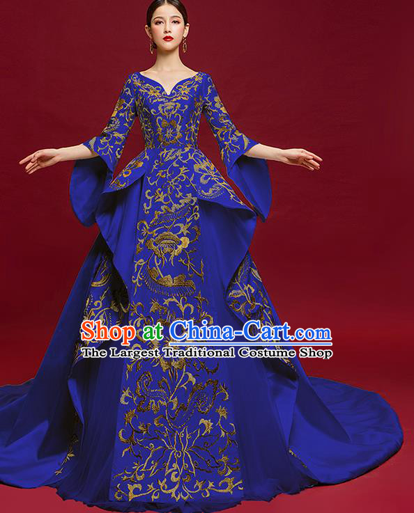 China Stage Show Trailing Full Dress Catwalks Clothing Compere Embroidered Royalblue Dress Garment