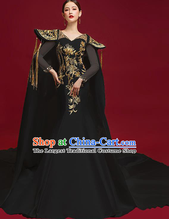 China Compere Embroidered Trailing Dress Garment Stage Show Black Full Dress Catwalks Fashion Clothing