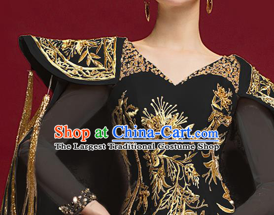 China Compere Embroidered Trailing Dress Garment Stage Show Black Full Dress Catwalks Fashion Clothing