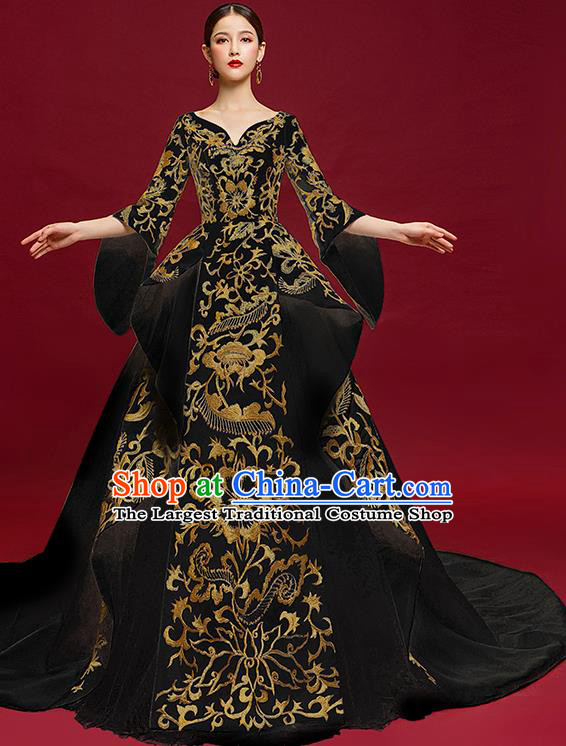 China Catwalks Fashion Clothing Compere Embroidered Trailing Dress Garment Stage Show Black Full Dress