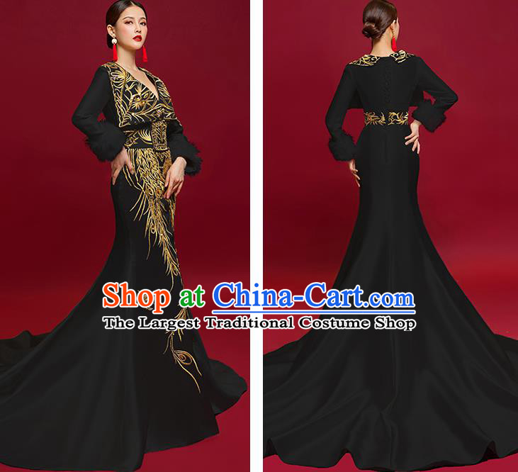 China Stage Show Trailing Full Dress Catwalks Fashion Clothing Compere Embroidered Black Dress Garment