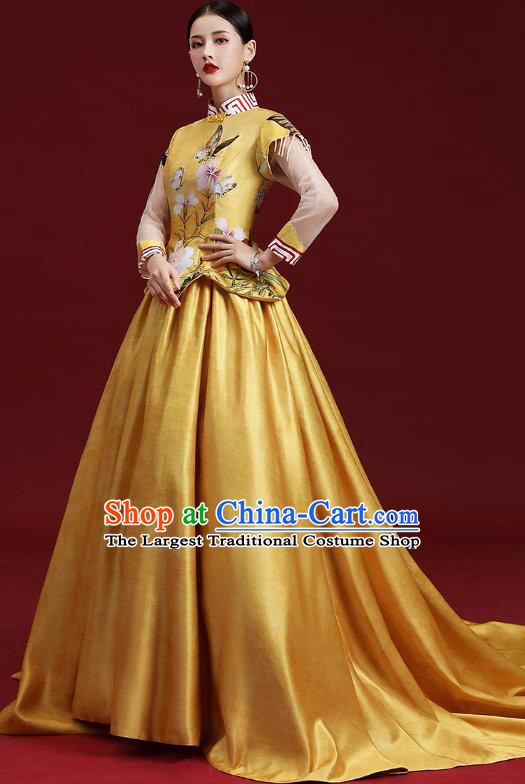 China Printing Cheongsam Clothing Compere Yellow Trailing Dress Garment Stage Show Full Dress Catwalks Fashion