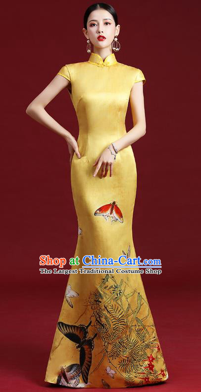 China Catwalks Fashion Long Cape Trailing Cheongsam Clothing Compere Dress Garment Stage Show Full Dress