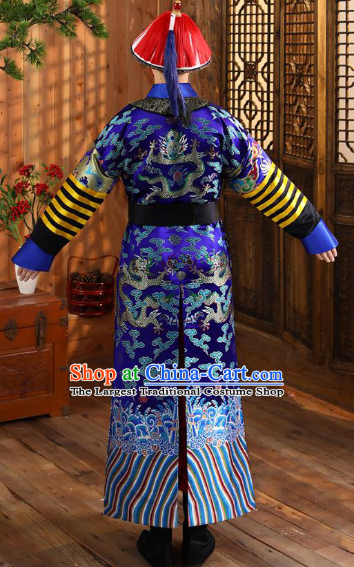 China Ancient Qing Dynasty Court Eunuch Robe Garment Historical Clothing and Hat Complete Set