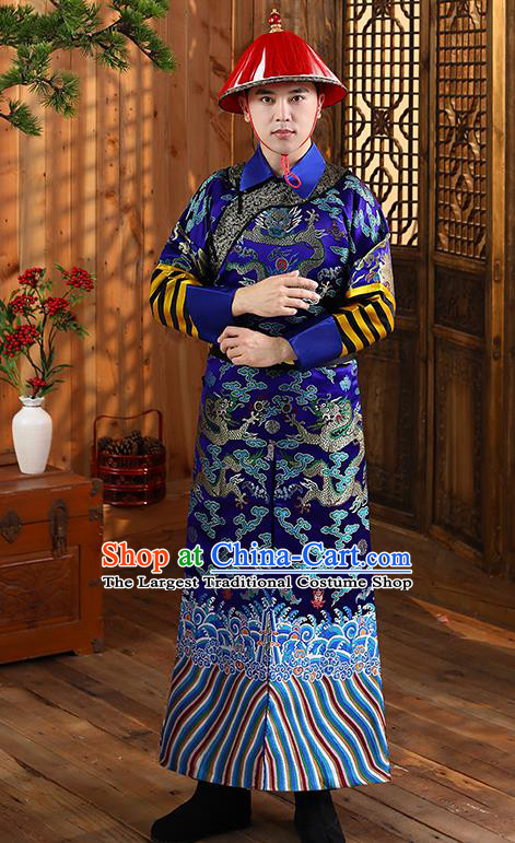 China Ancient Qing Dynasty Court Eunuch Robe Garment Historical Clothing and Hat Complete Set