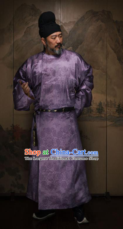 China Tang Dynasty Swordsman Historical Garment Costume Ancient Elderly Man Purple Hanfu Robe and Hat