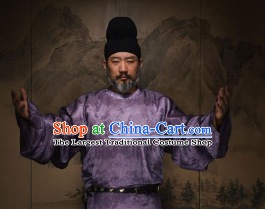 China Tang Dynasty Swordsman Historical Garment Costume Ancient Elderly Man Purple Hanfu Robe and Hat