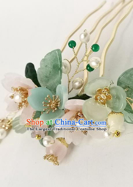 Chinese Ancient Princess Pearls Tassel Hairpin Traditional Ming Dynasty Pink Sakura Hair Comb