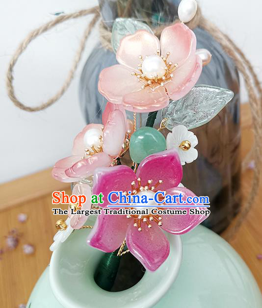 Chinese Ancient Palace Lady Pearls Hairpin Traditional Ming Dynasty Pink Begonia Hair Stick