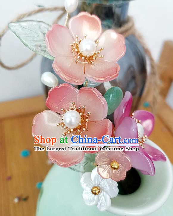Chinese Ancient Palace Lady Pearls Hairpin Traditional Ming Dynasty Pink Begonia Hair Stick