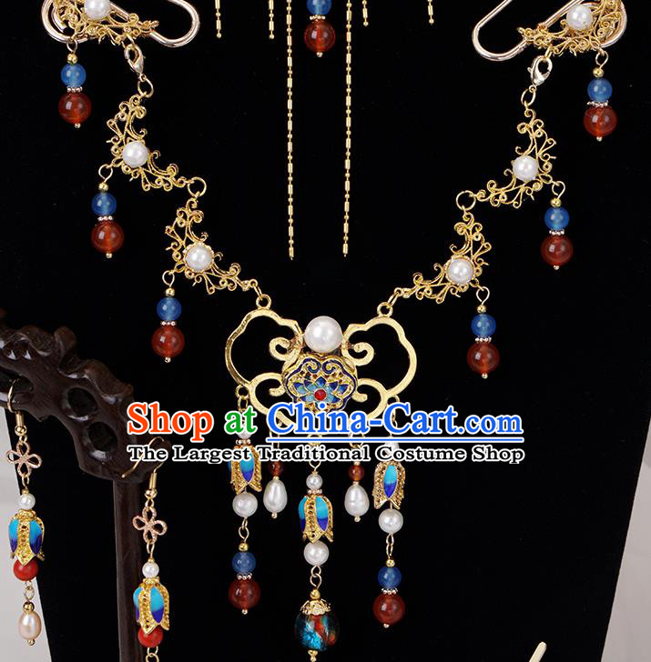 Chinese Ancient Noble Woman Blueing Hairpin Traditional Ming Dynasty Tassel Hair Crown Complete Set