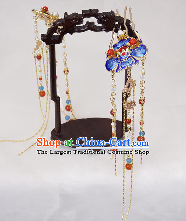 Chinese Ancient Noble Woman Blueing Hairpin Traditional Ming Dynasty Tassel Hair Crown Complete Set