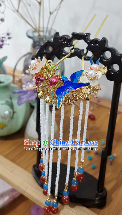 Chinese Ancient Young Lady Blueing Hairpin Traditional Ming Dynasty Beads Tassel Hair Stick