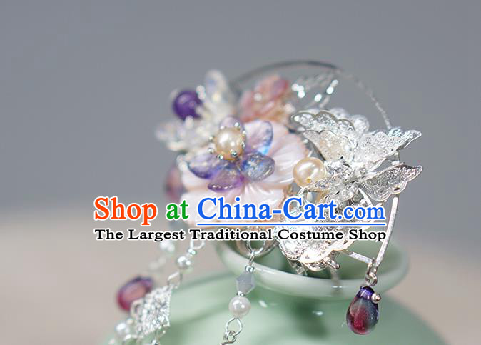 Chinese Ancient Swordswoman Argent Hairpin Traditional Ming Dynasty Shell Flower Hair Crown