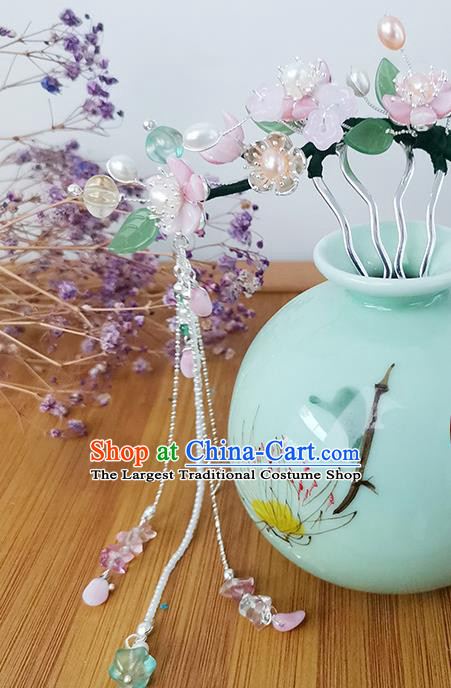 Chinese Ancient Palace Lady Tassel Hairpin Traditional Ming Dynasty Pink Plum Blossom Hair Stick