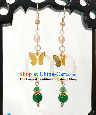 Chinese Ancient Princess Golden Butterfly Ear Accessories Traditional Ming Dynasty Jade Ring Earrings