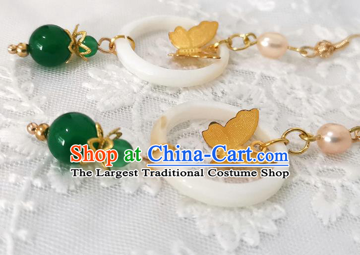 Chinese Ancient Princess Golden Butterfly Ear Accessories Traditional Ming Dynasty Jade Ring Earrings