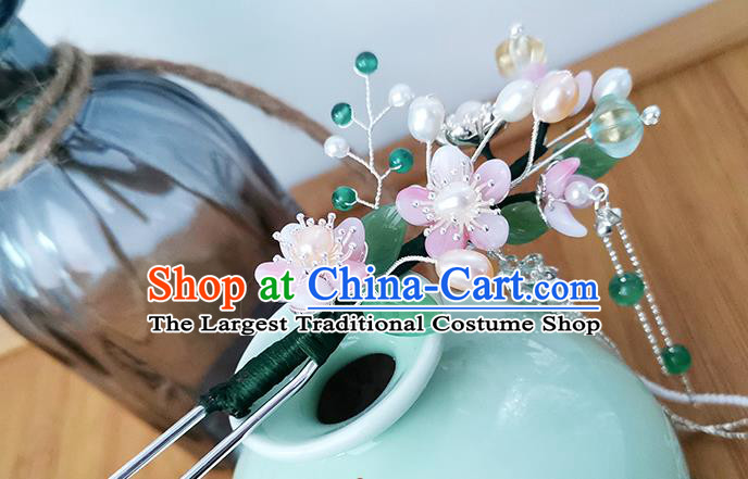 Chinese Ancient Palace Lady Tassel Hairpin Traditional Ming Dynasty Pink Plum Blossom Hair Stick