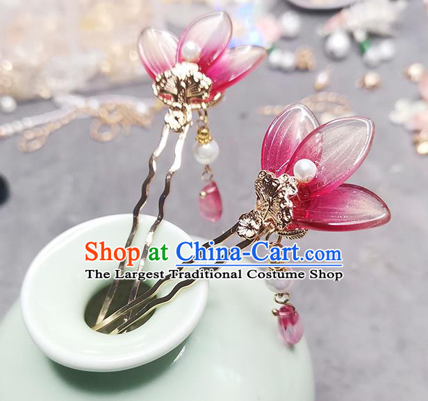Chinese Ancient Young Lady Red Flower Hairpin Traditional Ming Dynasty Tassel Hair Stick