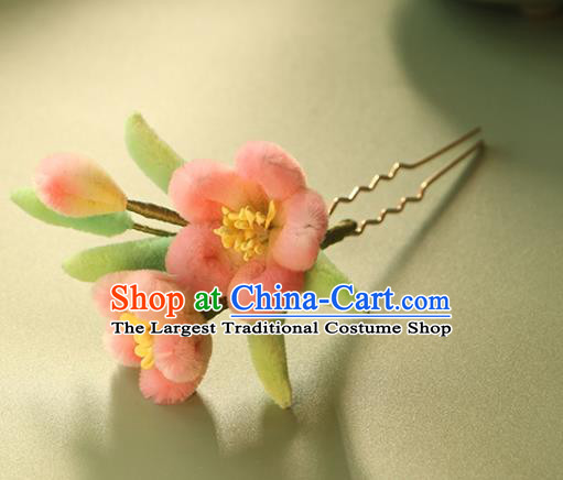 China Ancient Palace Lady Hair Stick Traditional Ming Dynasty Pink Velvet Peach Blossom Hairpin Hair Accessories