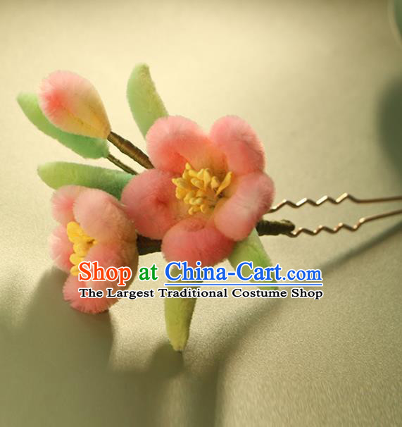 China Ancient Palace Lady Hair Stick Traditional Ming Dynasty Pink Velvet Peach Blossom Hairpin Hair Accessories
