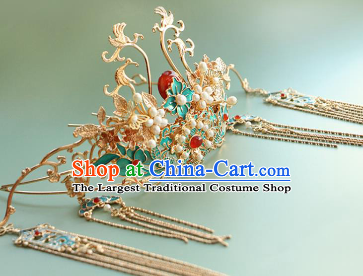 China Ancient Bride Blueing Phoenix Coronet Traditional Wedding Hair Accessories Ming Dynasty Tassel Agate Hair Crown
