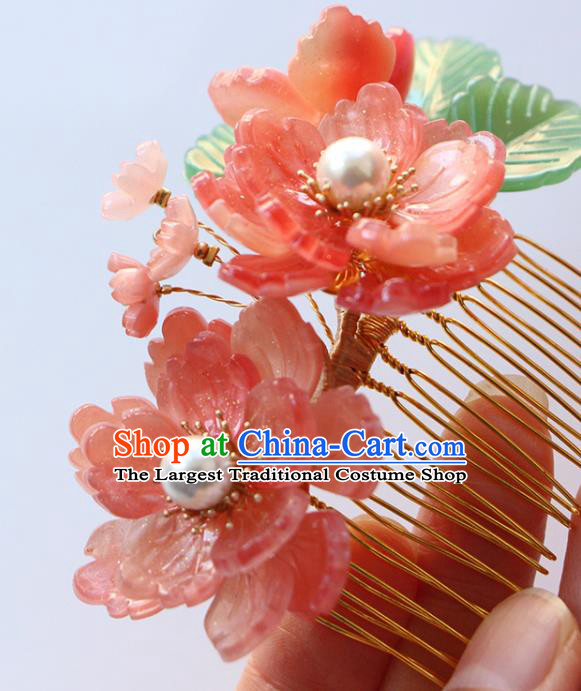 China Ancient Princess Hairpin Traditional Hanfu Hair Accessories Ming Dynasty Pink Peony Hair Comb