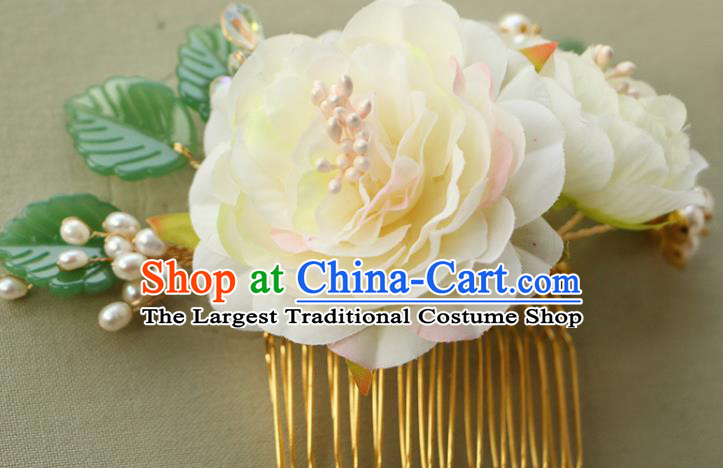 China Ancient Court Lady Hairpin Traditional Hanfu Hair Accessories Tang Dynasty Yellow Silk Peony Hair Comb