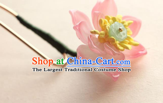 China Ancient Royal Princess Hairpin Traditional Hanfu Hair Accessories Song Dynasty Pink Lotus Hair Stick